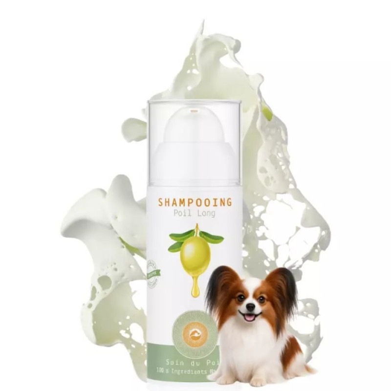 Shampooing artisanal NaturoNao pour l'éclat, la douceur et l'entretien des chiens à poils longs et fins.