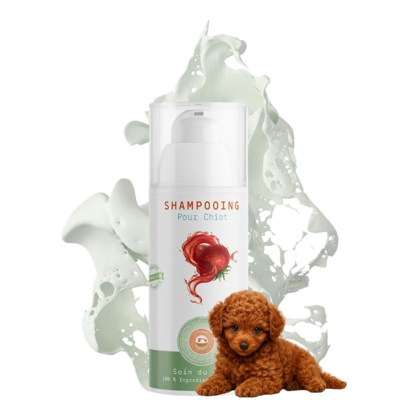 Shampooing artisanal et naturel NaturoNao, adapté au pH neutre et à la fragilité de la peau du chiot.