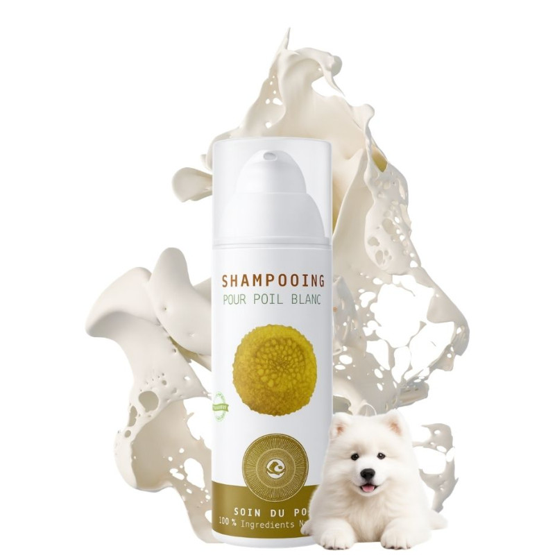 Shampooing artisanal NaturoNao 200 ml pour raviver l'éclat, la pureté et la brillance des poils blancs et clairs.