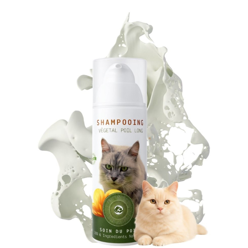 Shampooing végétal et artisanal NaturoNao 200 ml, adapté à l'éclat et à la fluidité des chats à poils longs et denses.