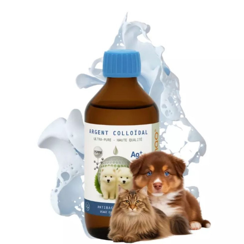 Solution purifiante naturelle d'Argent Colloïdal 15 ppm NaturoNao, l'indispensable de l'hygiène externe pour chiens et chats.