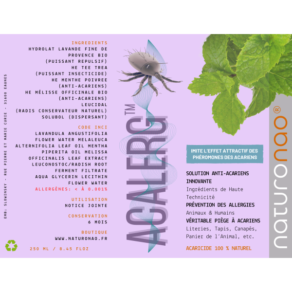 Etiquette ACALERG solution anti-acariens. Spray 250 ml.