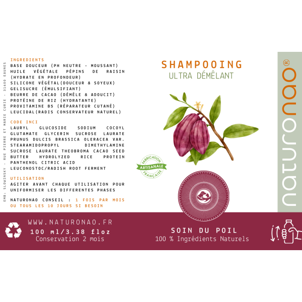 Etiquette composition shampooing ultra-démêlant NaturoNao.
